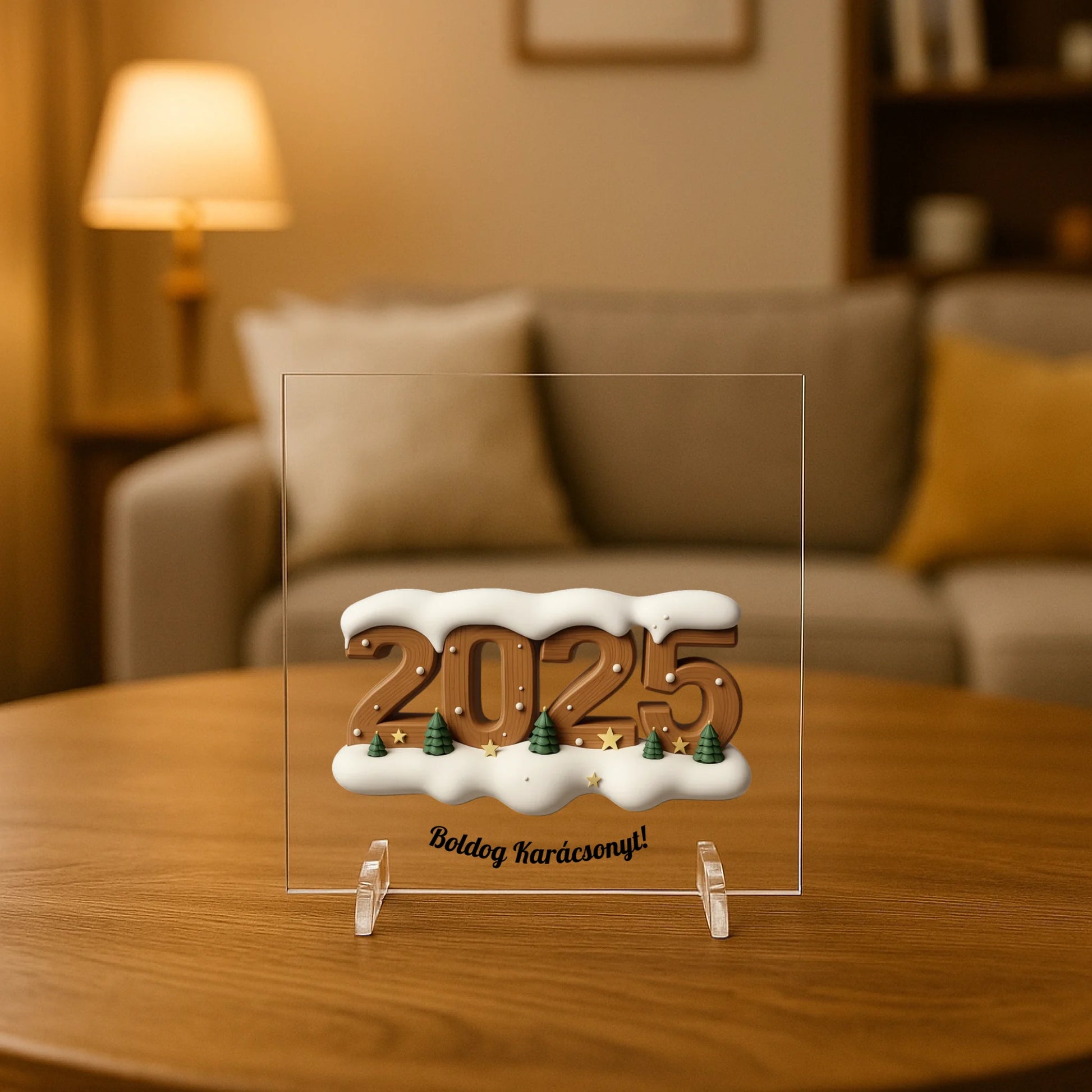 Átlátszó akril táblával díszített nappali