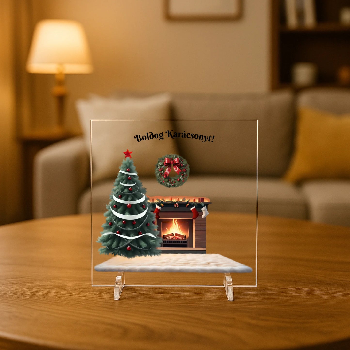 Átlátszó akril táblával díszített nappali